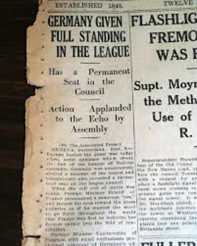 Germany admitted to League of Nations.