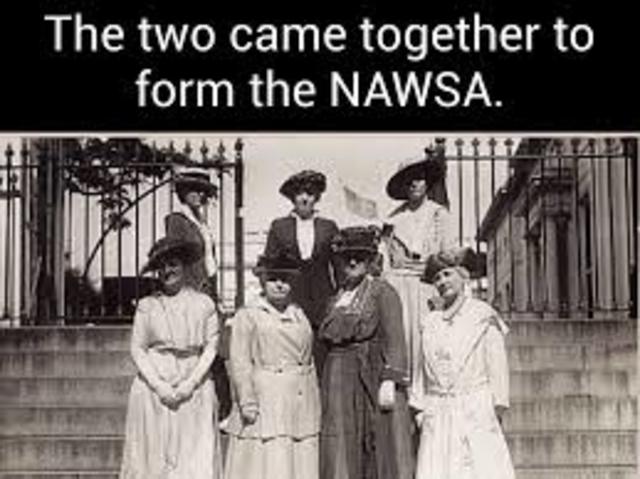 Two rival women suffrage organizations join together to make a alliance name NAWSA.