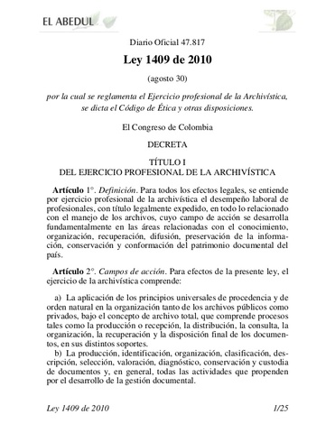sale la ley 1409 del achivista