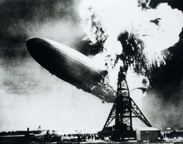 The Hindenburg crashes.