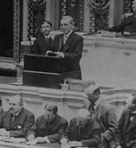 In a speech asking Congress to declare war against Germany, President Wilson says, "The world must be made safe for democracy." This became one of President Wilson's most famous lines.
