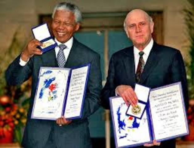 Mandela and FW De Klerk, the last apartheid president, are jointly awarded the Nobel peace prize.t