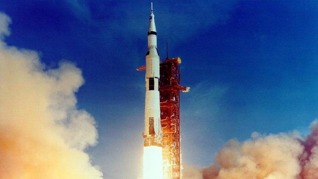 The Saturn V rocket carrying Apollo 11 launches