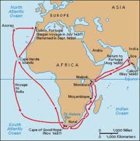 Vasco da Gama circumnavigates Africa to arrive in the East