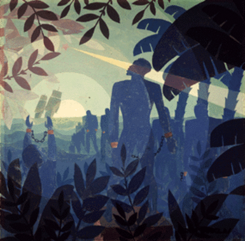 Aaron Douglas painted "Into Bondage" in which the small shackled figures at the left of the composition (perhaps women) are overtaken by the large muscular men who also are shackled and move hesitantly toward the slanted slave ships on the horizon.