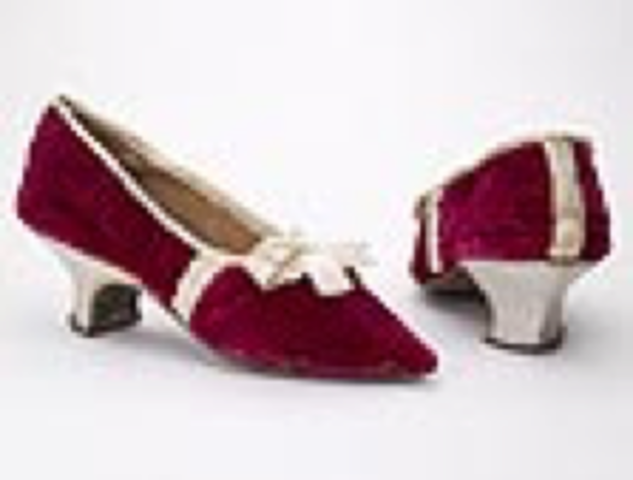 Red velvet shoes with low, leather covered heels