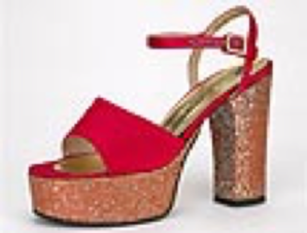 Red satin platform sandal with glitter accents
