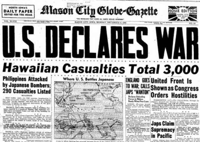 The United States declares war on Japan and Germany