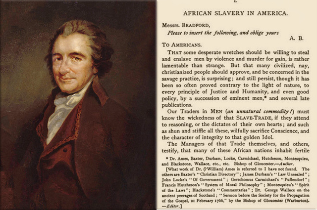 Thomas Paine writes essay about slavery