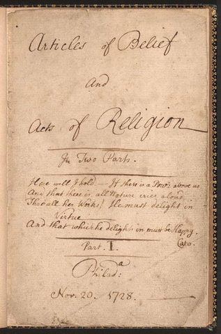 establishes a Philadelphia printing partnership with Hugh Meredith and composes "Articles of Belief and Acts of Religion"