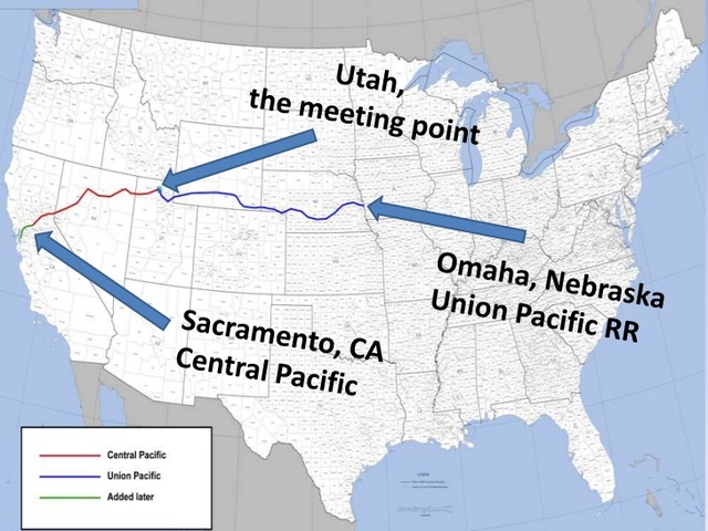 Union Pacific and Central Pacific Railroads meet at Promontory Point, Utah