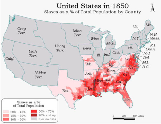 1850 census shows slavery is still high in the South