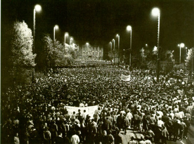 East German news agency, ADN, reports on huge demonstration