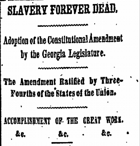 The Civil wars ends with the Union prevailing. The 13th amendment to the constitution is ratified saying that any form of slavery or servitude shall not exist any more.