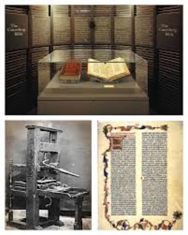Johannes Gutenberg invents a printing press with metal movable type.