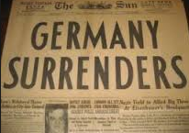 Germany officially surrenders to the Allies.