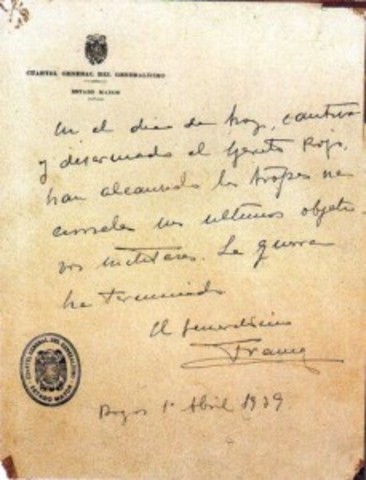 Franco firma el último parte oficial de guerra desde el Cuartel General del Ejército nacional en Burgos