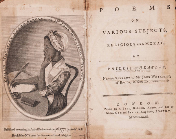 African American poet Phillis Wheatley’s Poems on Various Subject, Religious 	and Moral is published in London
