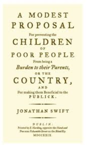 Swift publishes A Modest Proposal, protesting English treatment of the Irish poor.