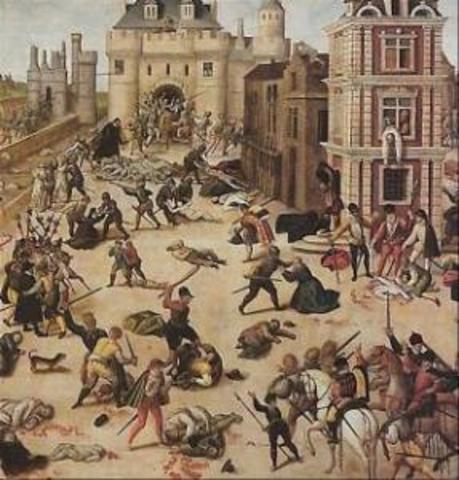 St. Bartholmew's Day, about 3,000 Protestants in Paris are massacred.