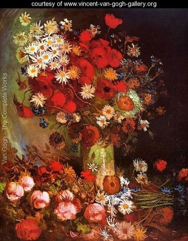 Vase with Poppies, Cornflowers, Peonies, and Chrysanthemums