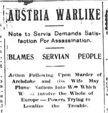 Austria-Hungary sends ultimatum to Serbia