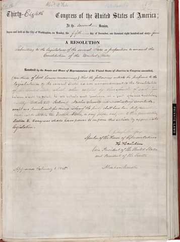 13th Amendment approved and ratified by Congress