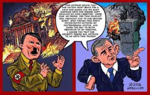 Reichstag (German Parliament) arson leads to state of emergency. Hitler presents an emergency order that voids important basic civil rights.
