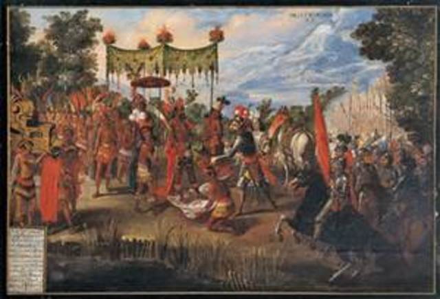 Moctezuma and Cortes meet- Tenochtitlan (c)