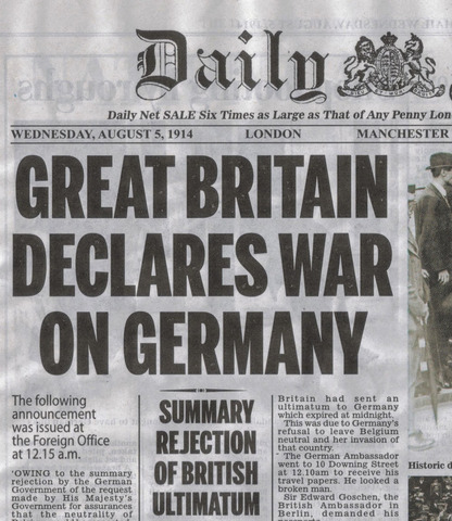 The United Kingdom declares war on Germany, after Germany invades Belgium.