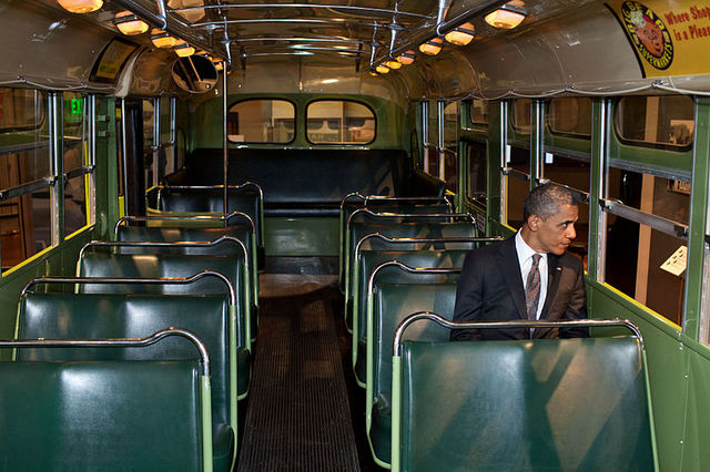 President Obama sits on the famous Rosa Parks' bus