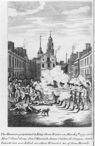 The Boston Massacre in Massachusetts leaves five dead. The Sons of Liberty use this event as propaganda against the British.