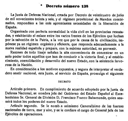FRANCO ES NOMBRADO JEFE DEL GOBIERNO DEL ESTADO ESPAÑOL