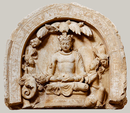Niche with the Seated Bodhisattva Shakyamuni Flanked by Devotees and an Elephant