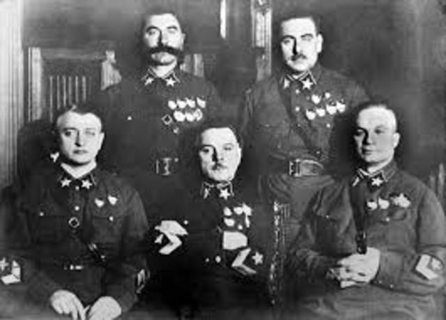 Soviet leader Josef Stalin begins a purge of Red Army generals.
