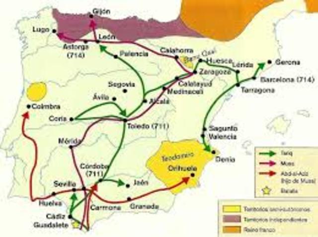 Los musulmanes cruzan el Estrecho de Gibraltar e invaden España. Fin del Reino Visigodo y comienzo del dominio árabe en la península.