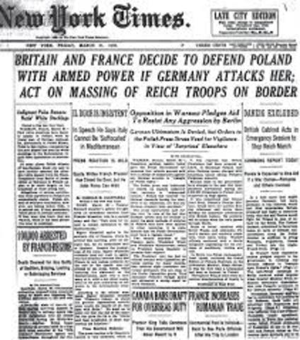 France and Great Britain agree to support Poland against Nazi aggression.