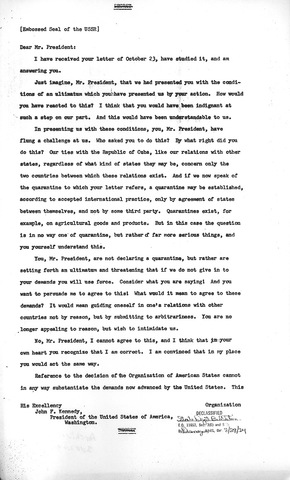 Khrushchev responds to Kennedy's warning.