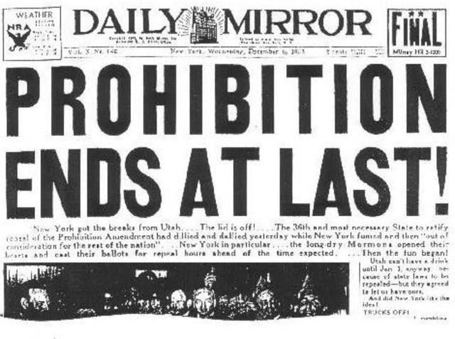 Prohibition comes to an end with the 21 amendment