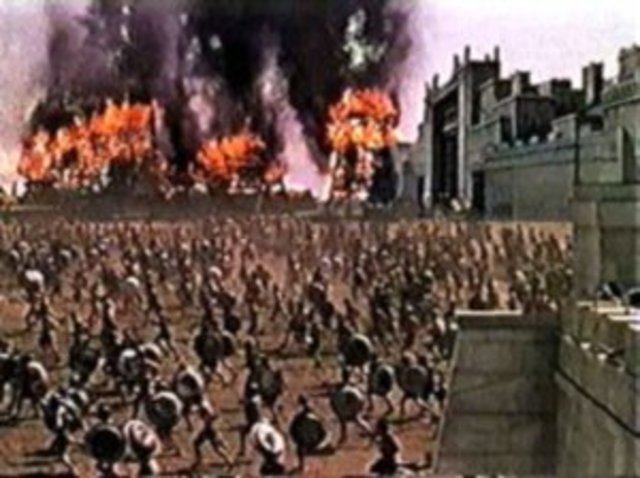 The Greek army destroys Troy