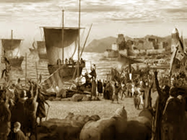 LOS MUSULMANES,AL MANDO DE TARIK MUZA,CRUZAN EL ESTRECHO DE  GIBRALTAR E INVADEN ESPAÑA