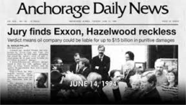 Jury find Exxon acted recklessly in Exxon Valdez oil spill. 287 Million in actual damages. 5 Billion in Punitive damages