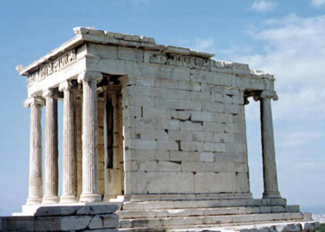 The Temple dedicated to Athena Nike was constructed on the Acropolis in Athens using Ionic styled columns