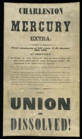 South Carolina secedes from the Union