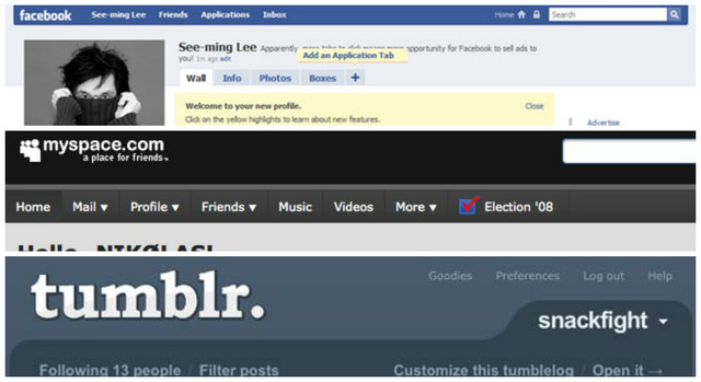 facebook, my space, y tumblr