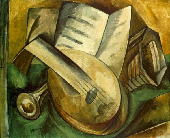 Braque pinta la obra: naturaleza muerta con instrumentos musicales.