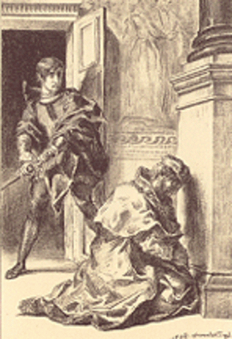 King Claudius's soliloquy shows his guilt. Hamlet has the opportunity to kill him, but does not.
