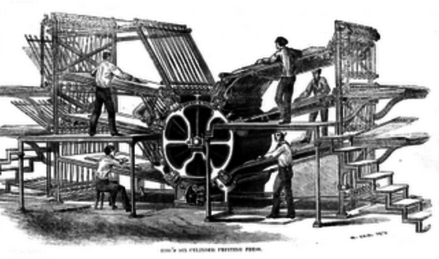 Invento de la imprenta rotativa, es una máquina de impresión en la que las imágenes a imprimir se curvan sobre un cilindro.
