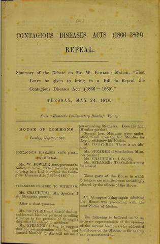 The Ladies National Association for the Repeal of the Contagious Diseases Acts established by Elizabeth Wolstenholme and Josephine Butler