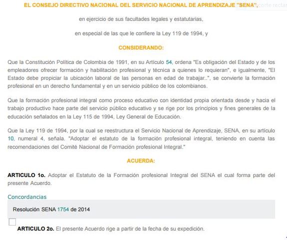 Acuerdo 08 de 1997 Estatuto de la Formación Profesional Integral del SENA.